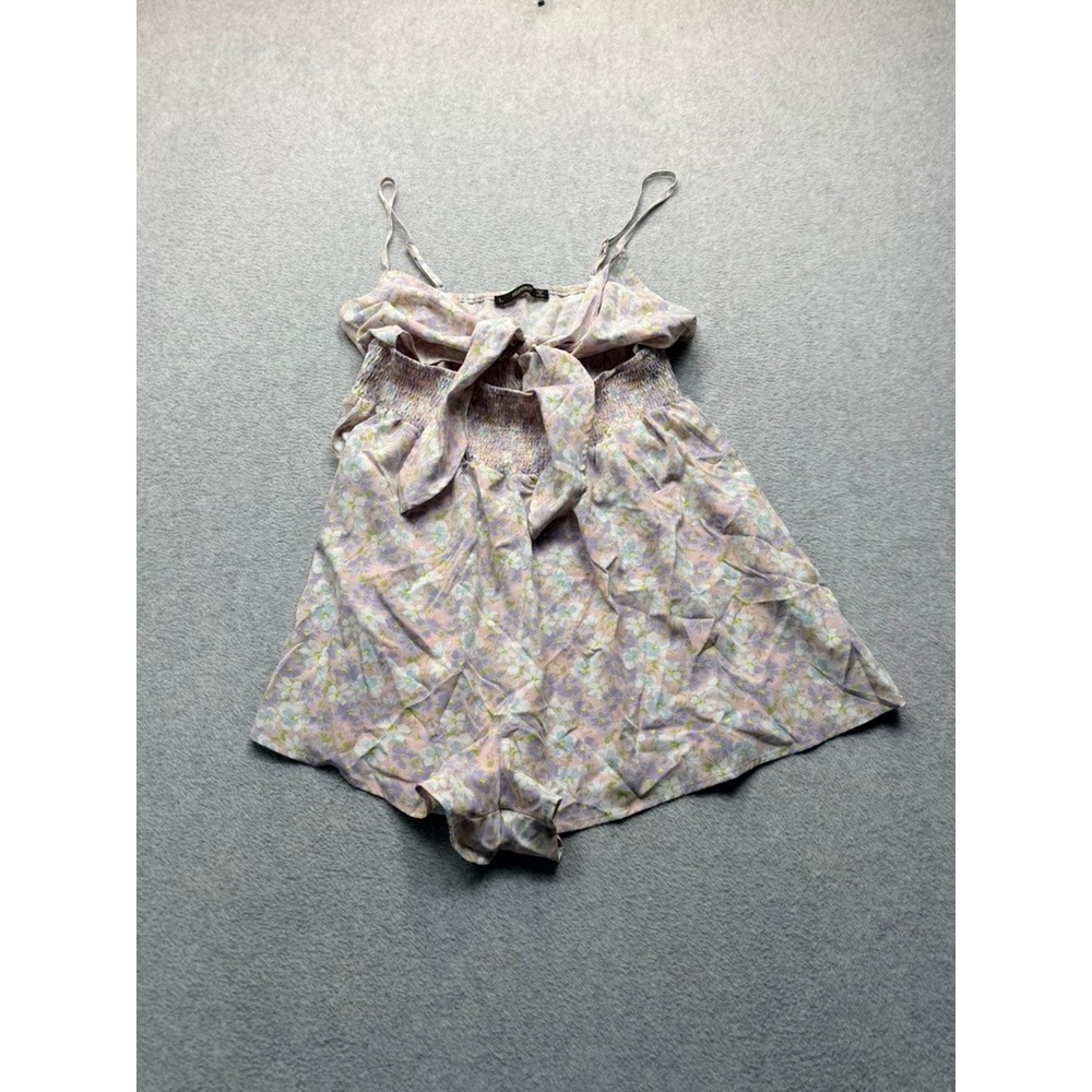 HESPERUS Women Floral Tie Front Romper Pastel Purple Smocked Waist Summer L